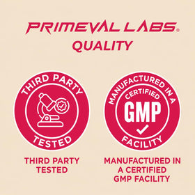 Créatine Primeval Labs avec des fruits frais en arrière-plan