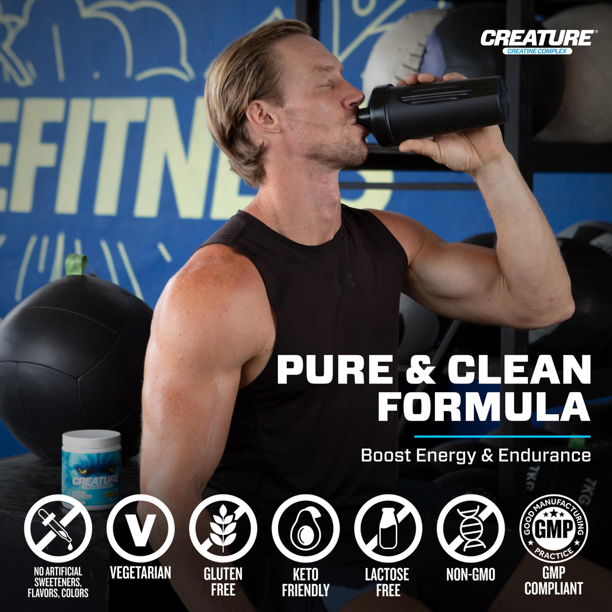 CREATURE Creatine Complex 300g in a gym setting