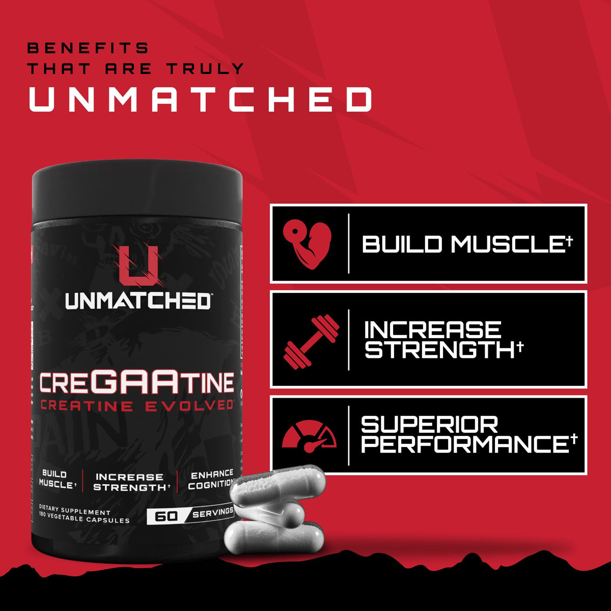 CreGAAtine Capsules 60 Serv, présentation du produit avec des accessoires de fitness