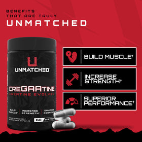 CreGAAtine Capsules 60 Serv, présentation du produit avec des accessoires de fitness