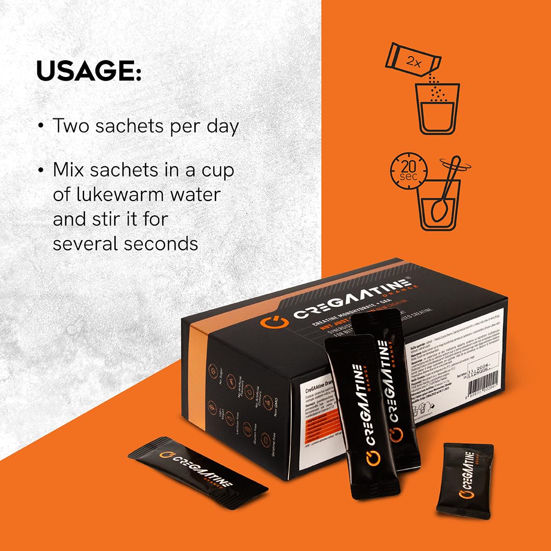 CreGAAtine sachets de créatine micronisée, orange, en situation d'utilisation