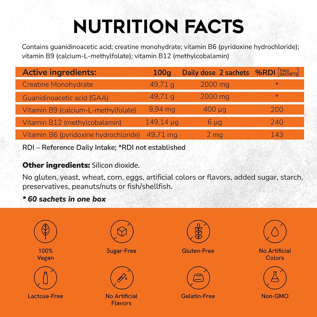 CreGAAtine sachets de créatine micronisée, orange, gros plan sur l'emballage