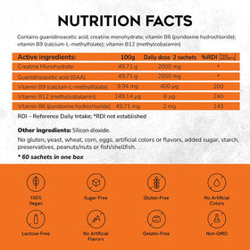 CreGAAtine sachets de créatine micronisée, orange, gros plan sur l'emballage