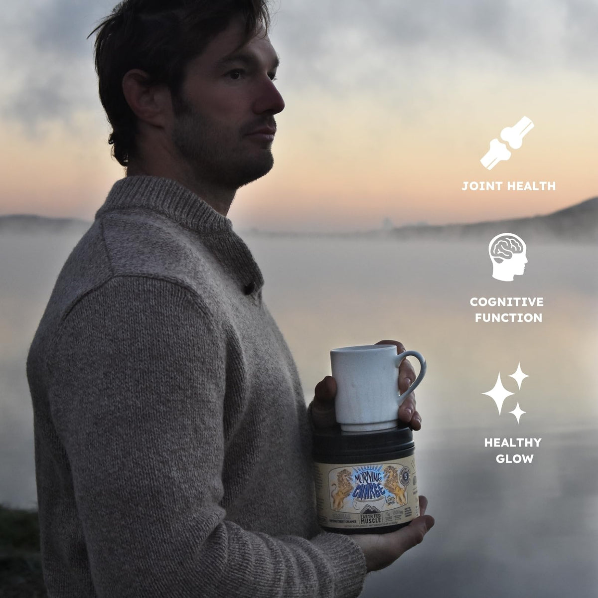 Crème à café Earth Fed Muscle sur une table avec des grains de café