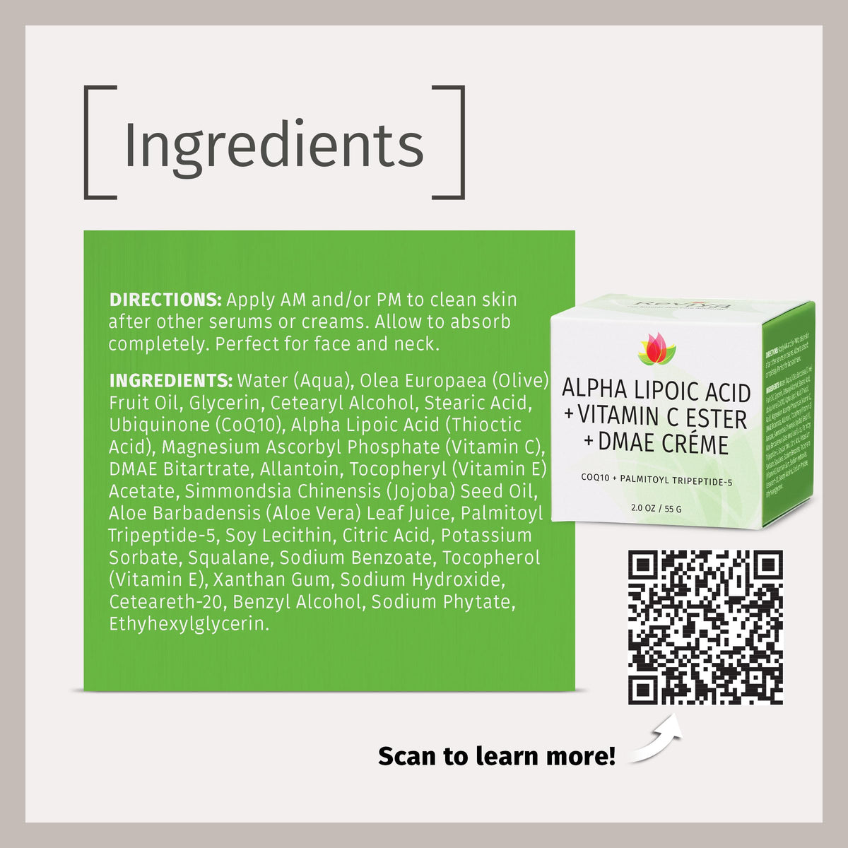 Crème à l'acide alpha-lipoïque Reviva Labs avec des éléments naturels