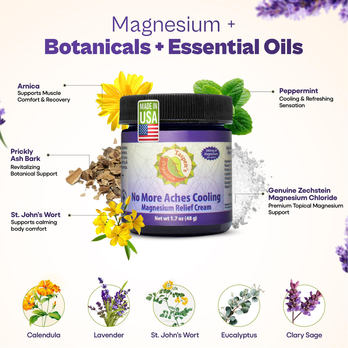 Crème au magnésium Taspen's Organics avec menthe poivrée et eucalyptus
