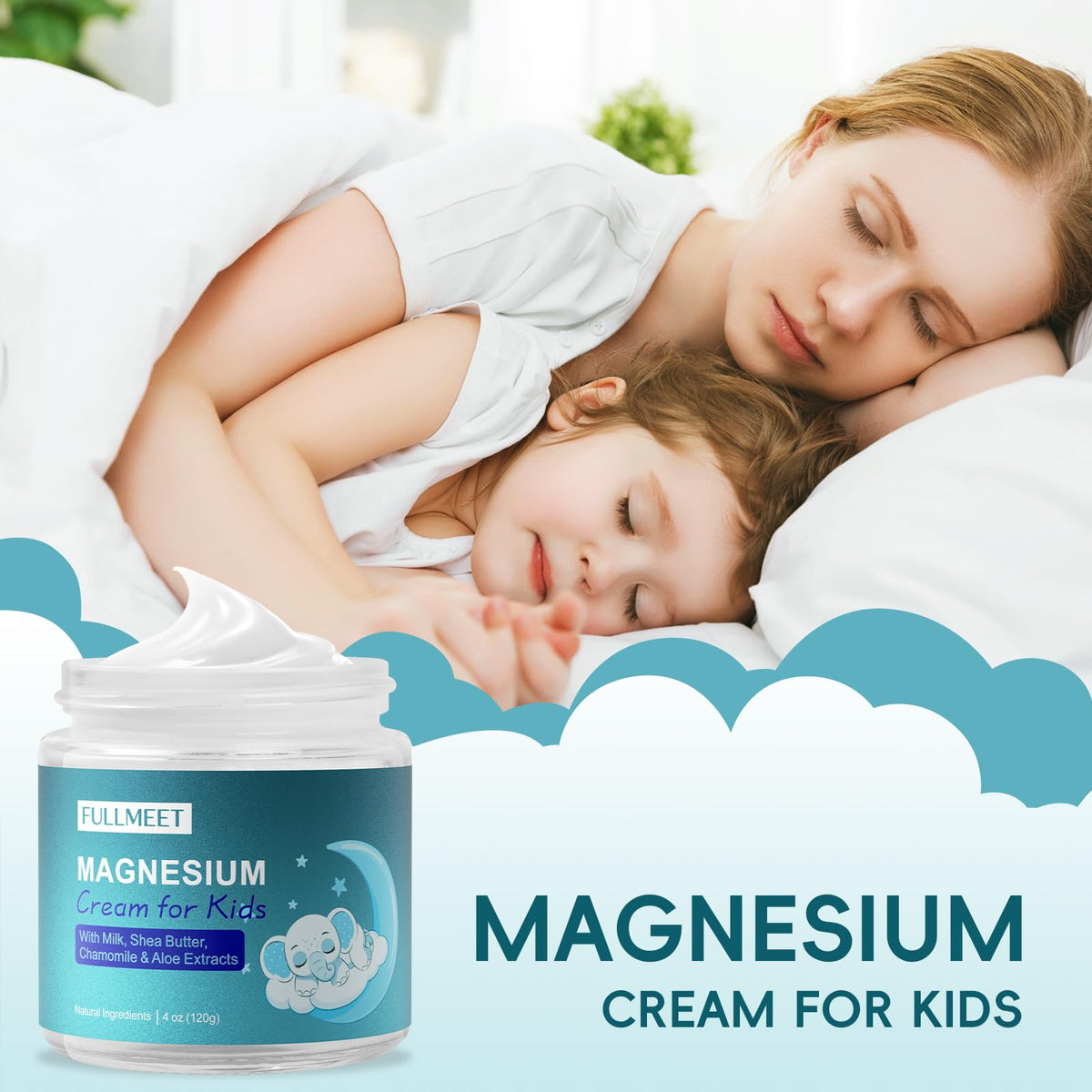 Crème de magnésium FullMeet 113 g avec ingrédients naturels en arrière-plan