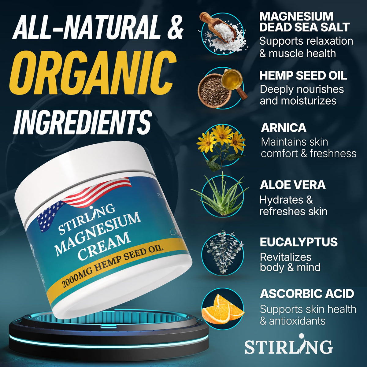 Crème de magnésium STIRLING avec extrait d'Arnica