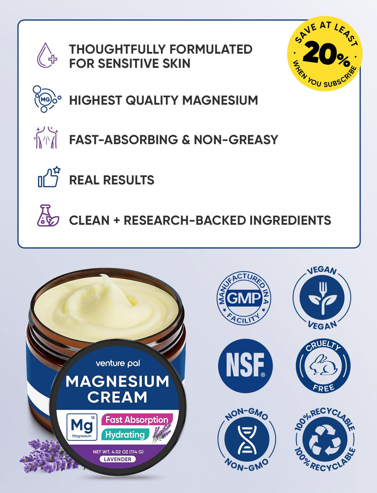 Crème de magnésium Venture Pal entourée de produits de soin