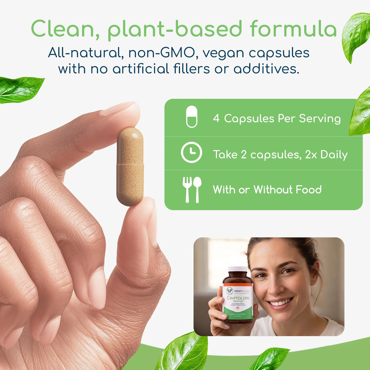 Cryptolepis Synergy Return Healthy avec un verre d'eau