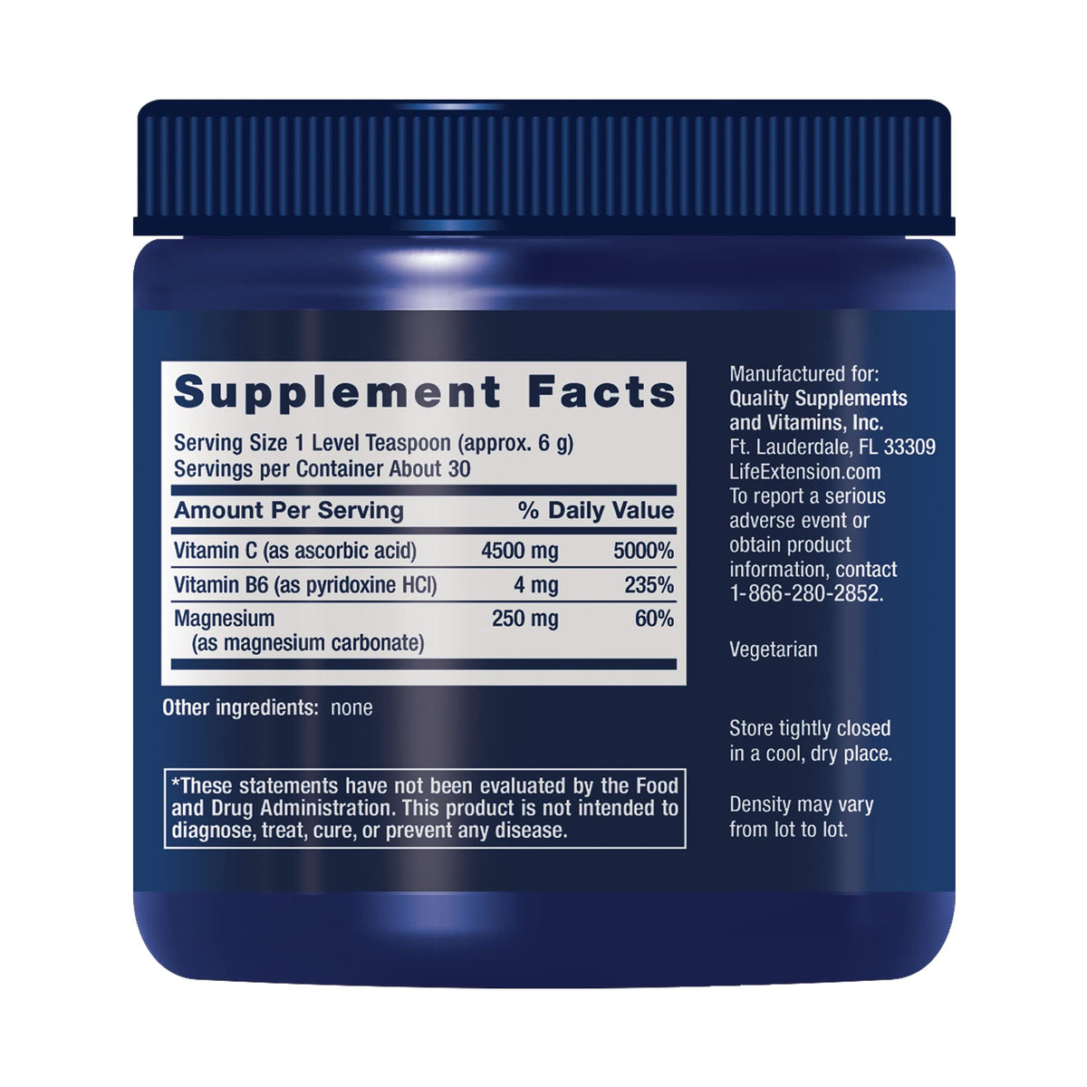 Crystals de Vitamine C et Magnésium Life Extension 180g contenu