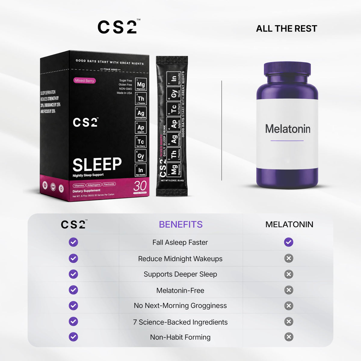 CS2 Boisson de Sommeil stick pack à côté d'un verre d'eau