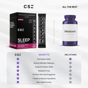 CS2 Boisson de Sommeil stick pack à côté d'un verre d'eau