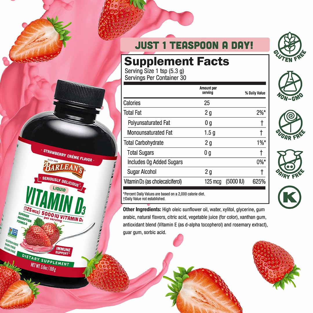 Cuillère avec Barlean's D3 liquide 5000 UI saveur milkshake fraise