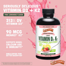 Cuillère de Barlean's Vitamine D3 + K2 au goût de limonade rose