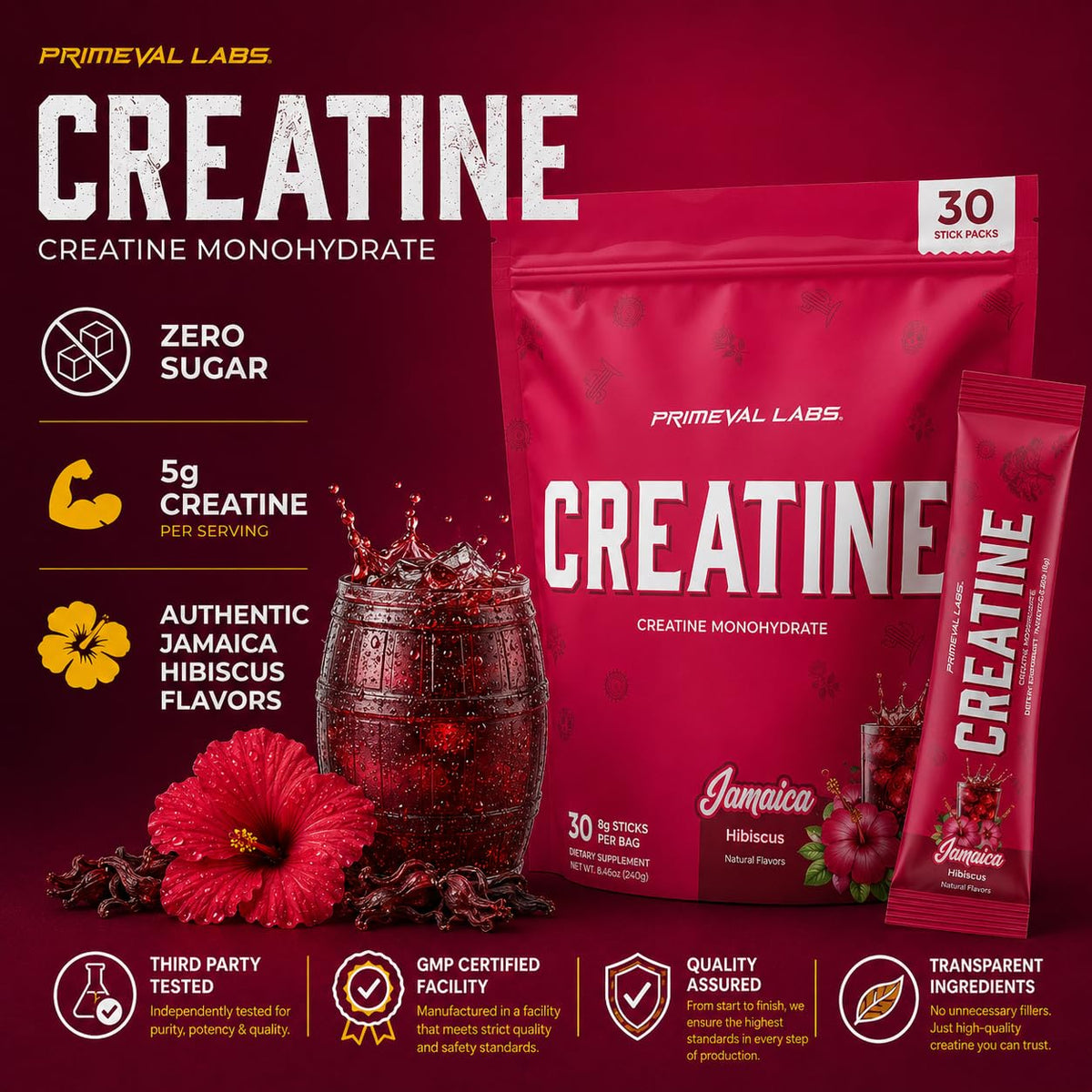 Cuillère de créatine monohydrate Primeval Labs avec poudre visible