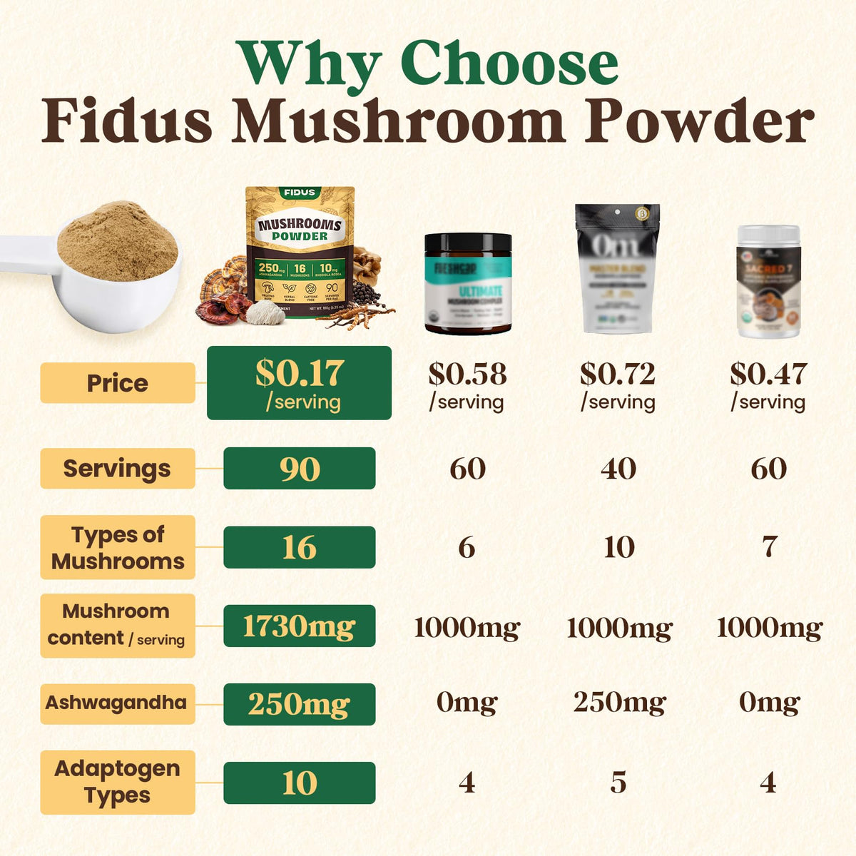 Cuillère de poudre de champignon Fidus 16 en 1 sur une table