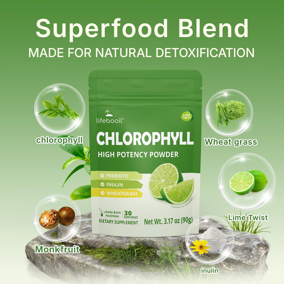 Cuillère de poudre de chlorophylle Lifebooil avec citron vert