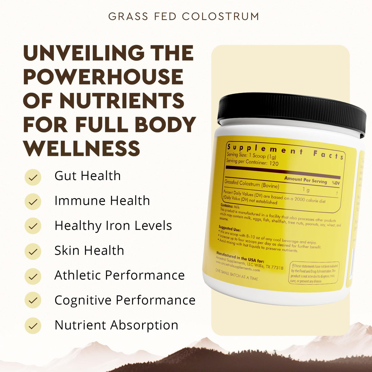 Cuillère de poudre de colostrum bovin Ancestral Supplements