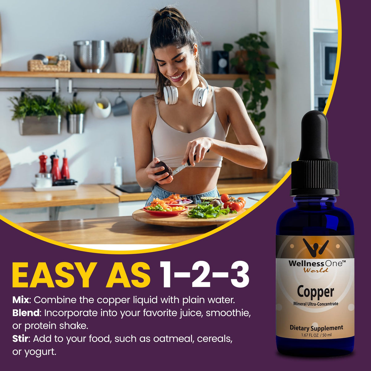 Cuivre liquide WellnessOne prêt à être mélangé avec une boisson