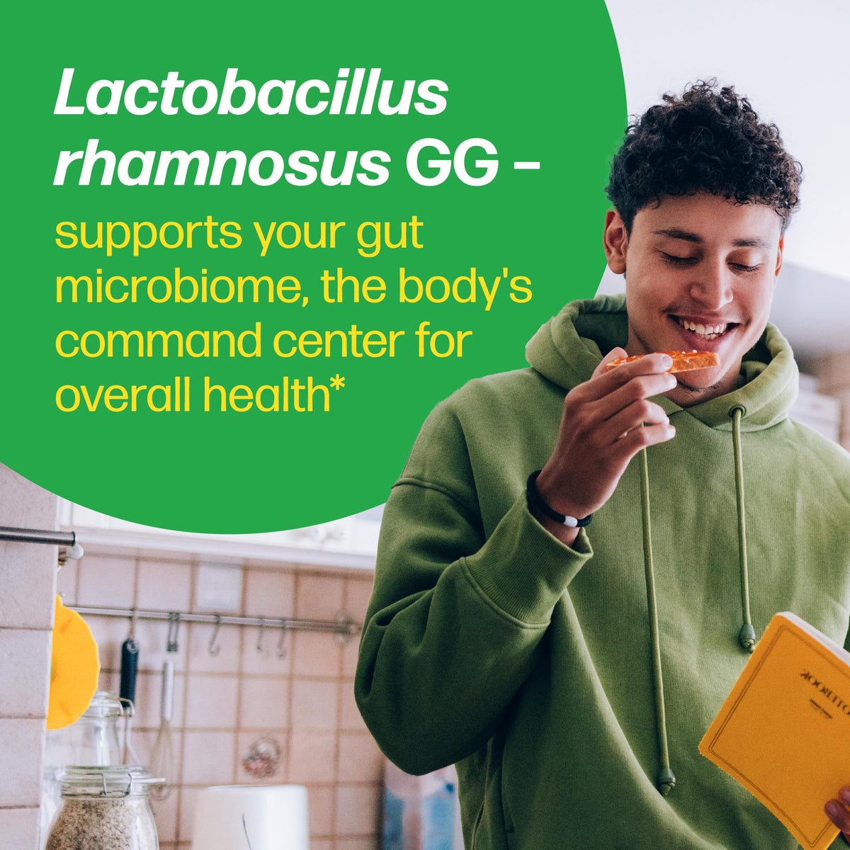 Culturelle Complément Alimentaire SlimBiotics capsules à côté d'aliments sains