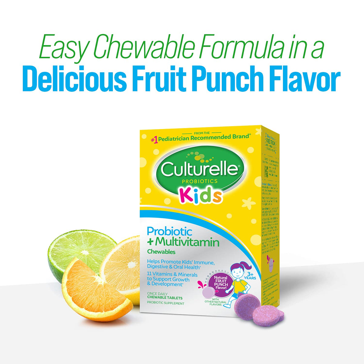 Culturelle Kids Probiotic + Multivitamin avec fruits en arrière-plan