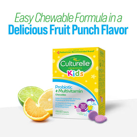Culturelle Kids Probiotic + Multivitamin avec fruits en arrière-plan