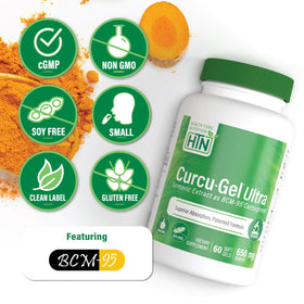 Curcu-Gel 650mg BCM-95 avec capsules en gros plan