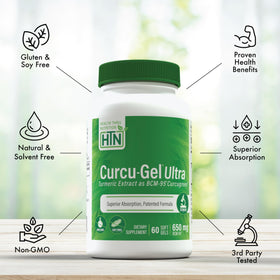 Curcu-Gel 650mg BCM-95 sur une table avec des ingrédients naturels