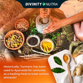 Curcuma Curcumin 1400mg de Divinity Nutra, près d'une main tenant une capsule