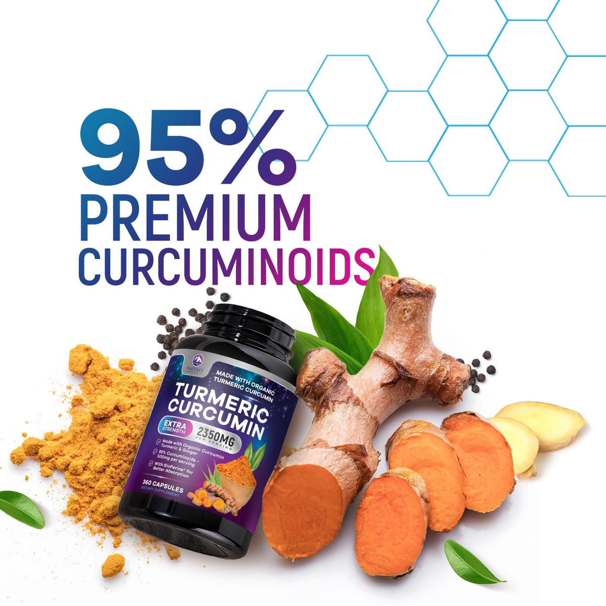Curcuma Nature's Peak sur une table avec d'autres compléments alimentaires