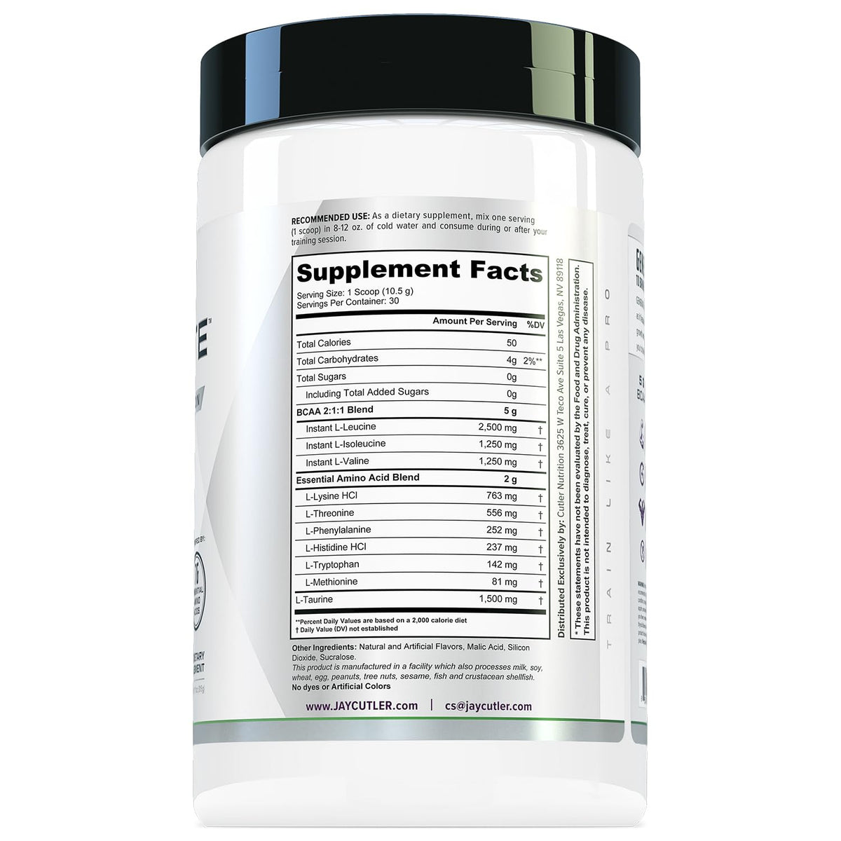 Cutler Nutrition BCAA EAA Poudre de Récupération 408g à côté d'un shaker