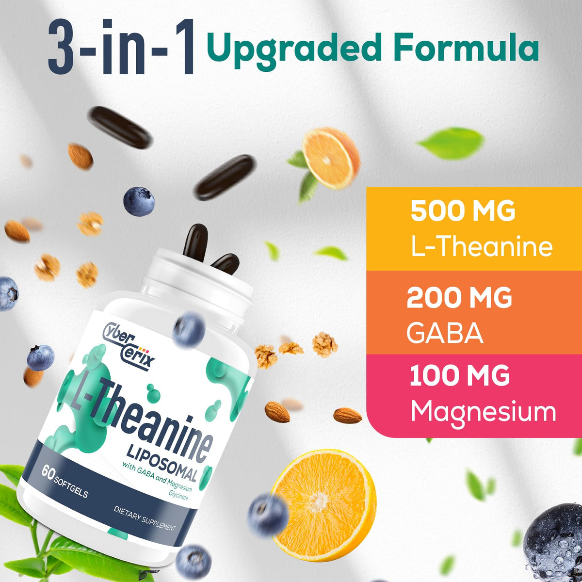 CyberCerix L-Théanine Liposomale 500mg gélules sur fond blanc