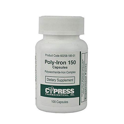 Cypress Pharmaceutical Poly-Iron 150 capsules vue avant avec étiquette