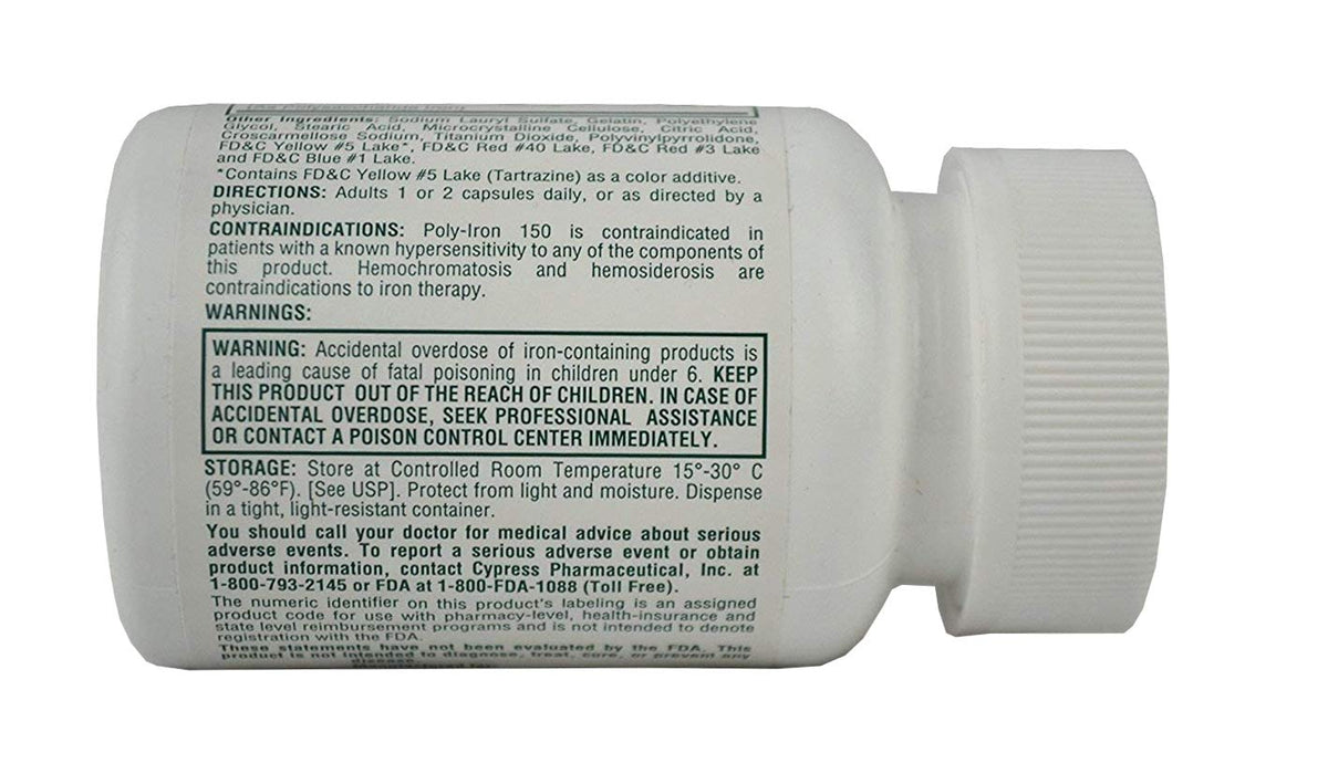 Cypress Pharmaceutical Poly-Iron capsules sur une surface blanche