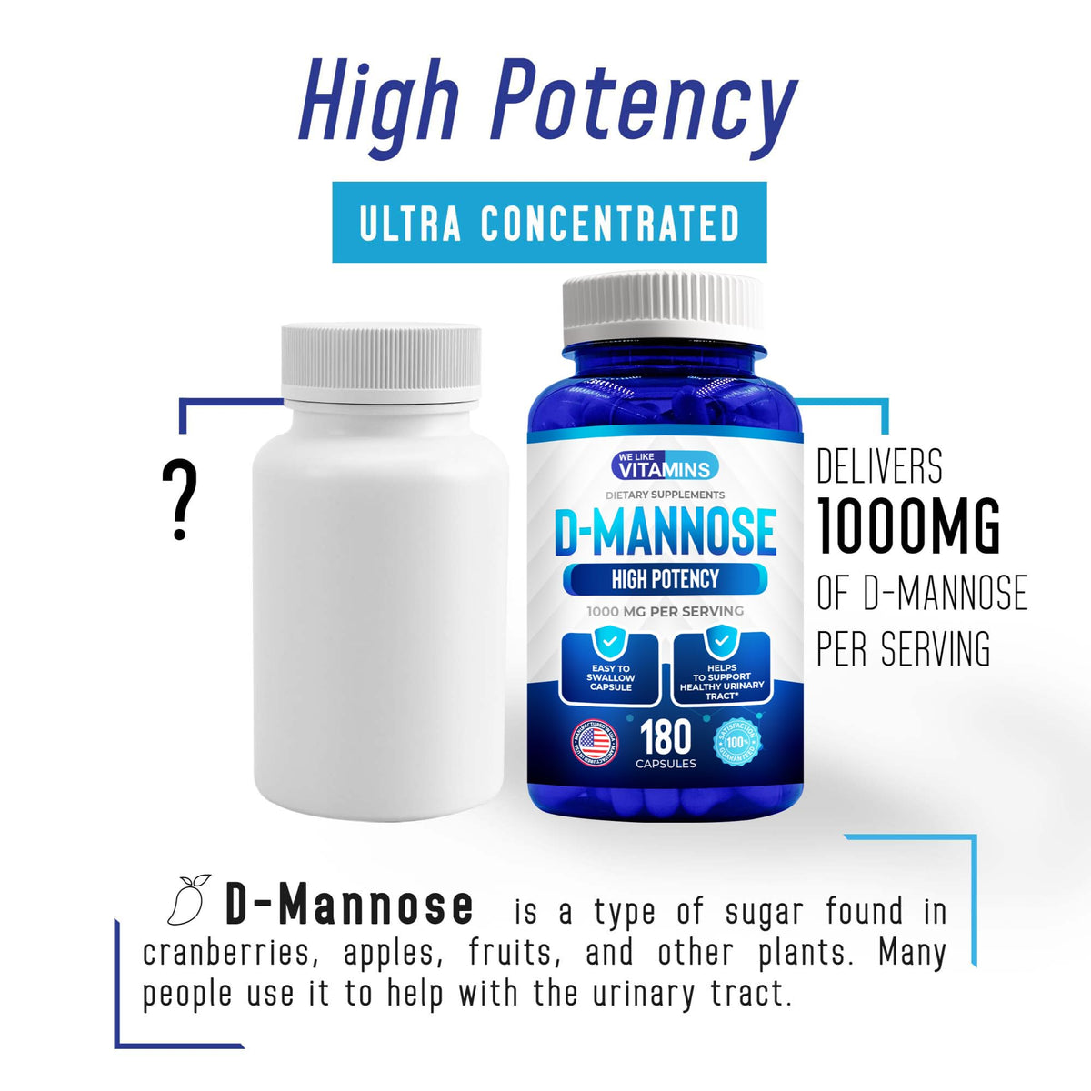 D-Mannose 1000mg 180 capsules We Like Vitamins sur une table