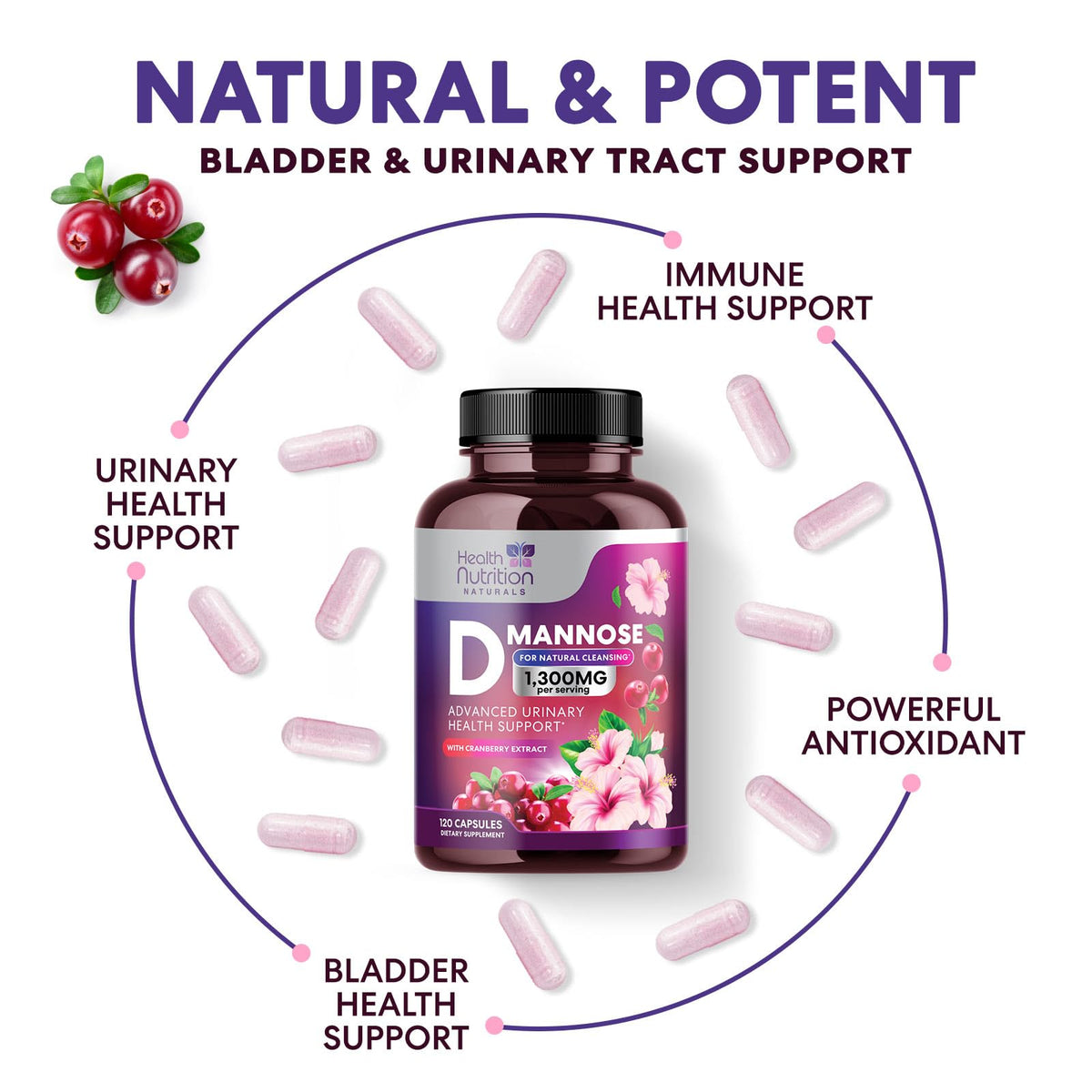 D-Mannose 1300 mg avec des ingrédients naturels autour