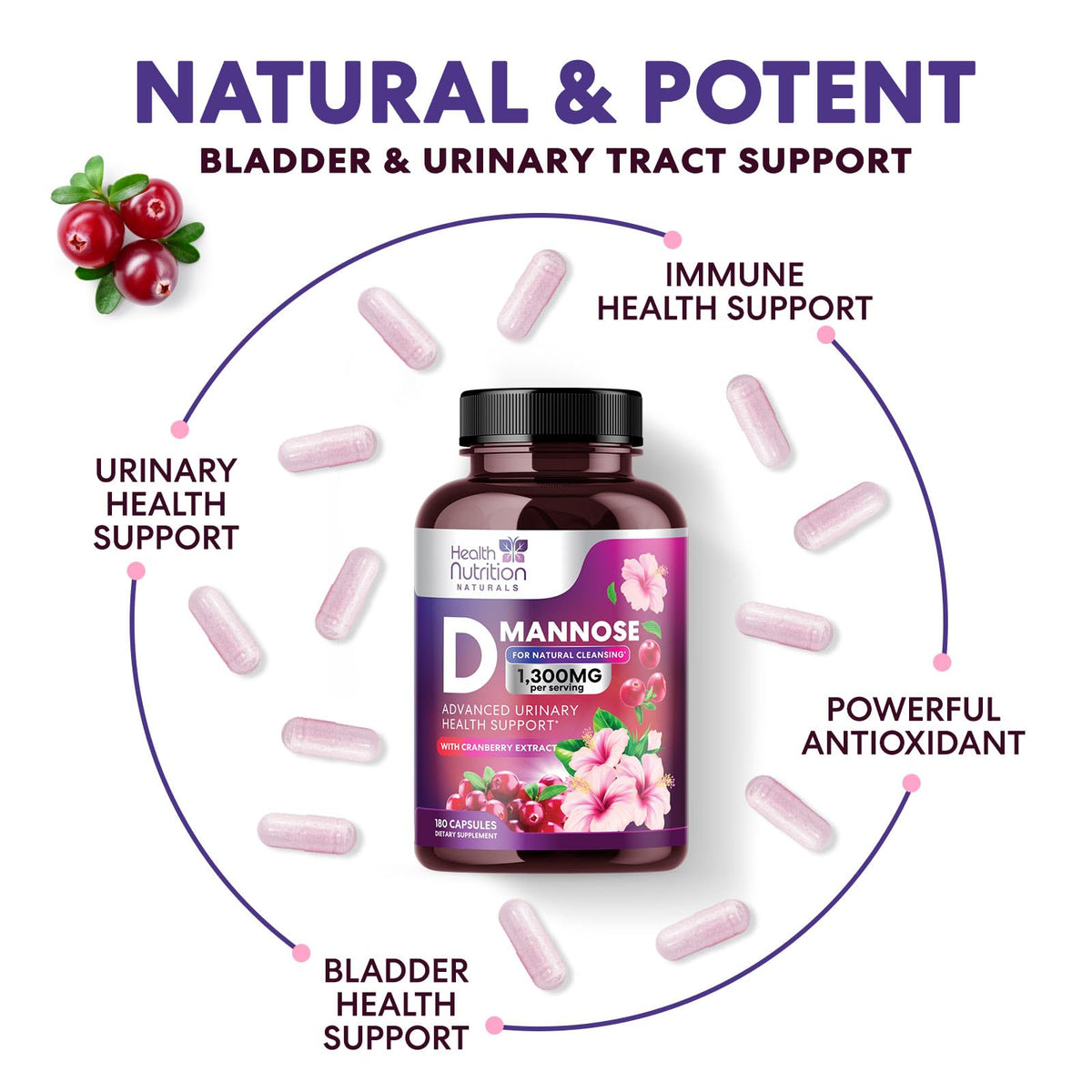 D-Mannose 1300mg capsules sur surface blanche
