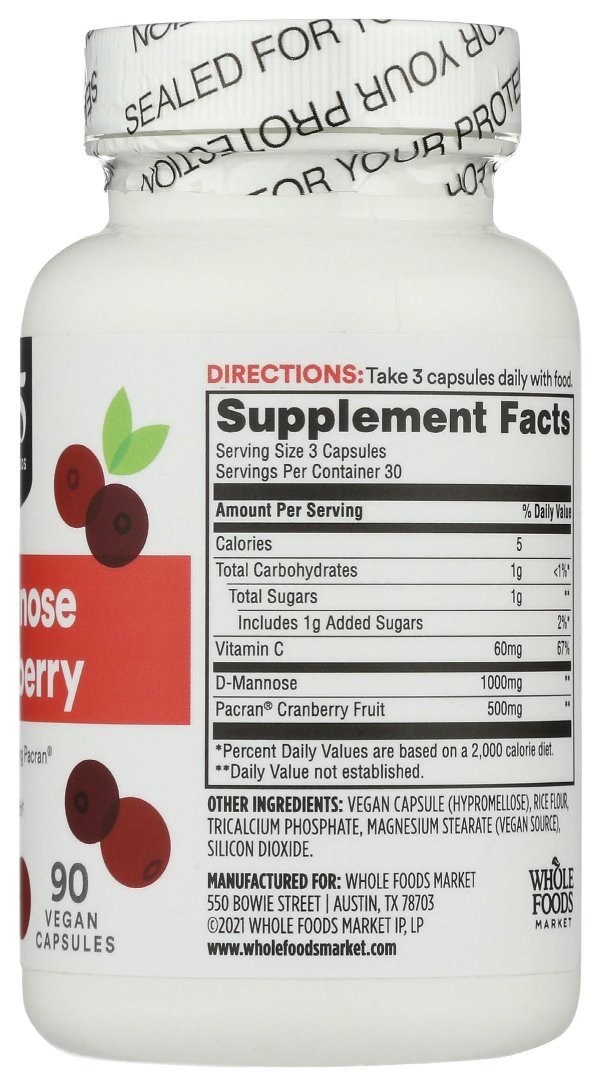 D-Mannose avec Cranberry flacon ouvert montrant les capsules