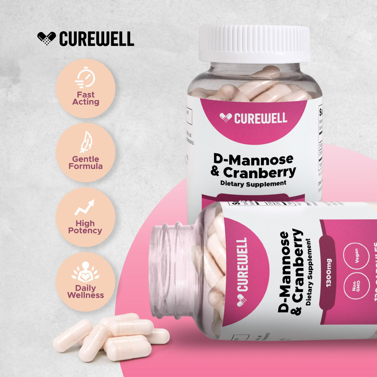 D-Mannose & Cranberry 1300mg capsules sur fond blanc