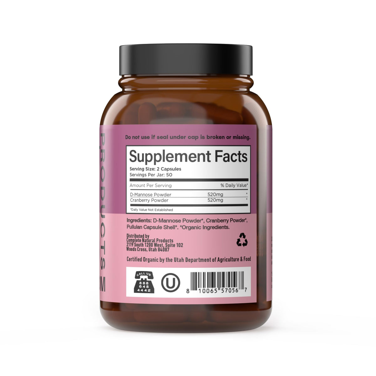 D Mannose Cranberry 520mg capsules avec étiquette claire