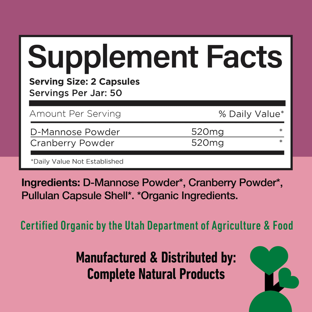D Mannose Cranberry 520mg capsules avec ingrédients naturels