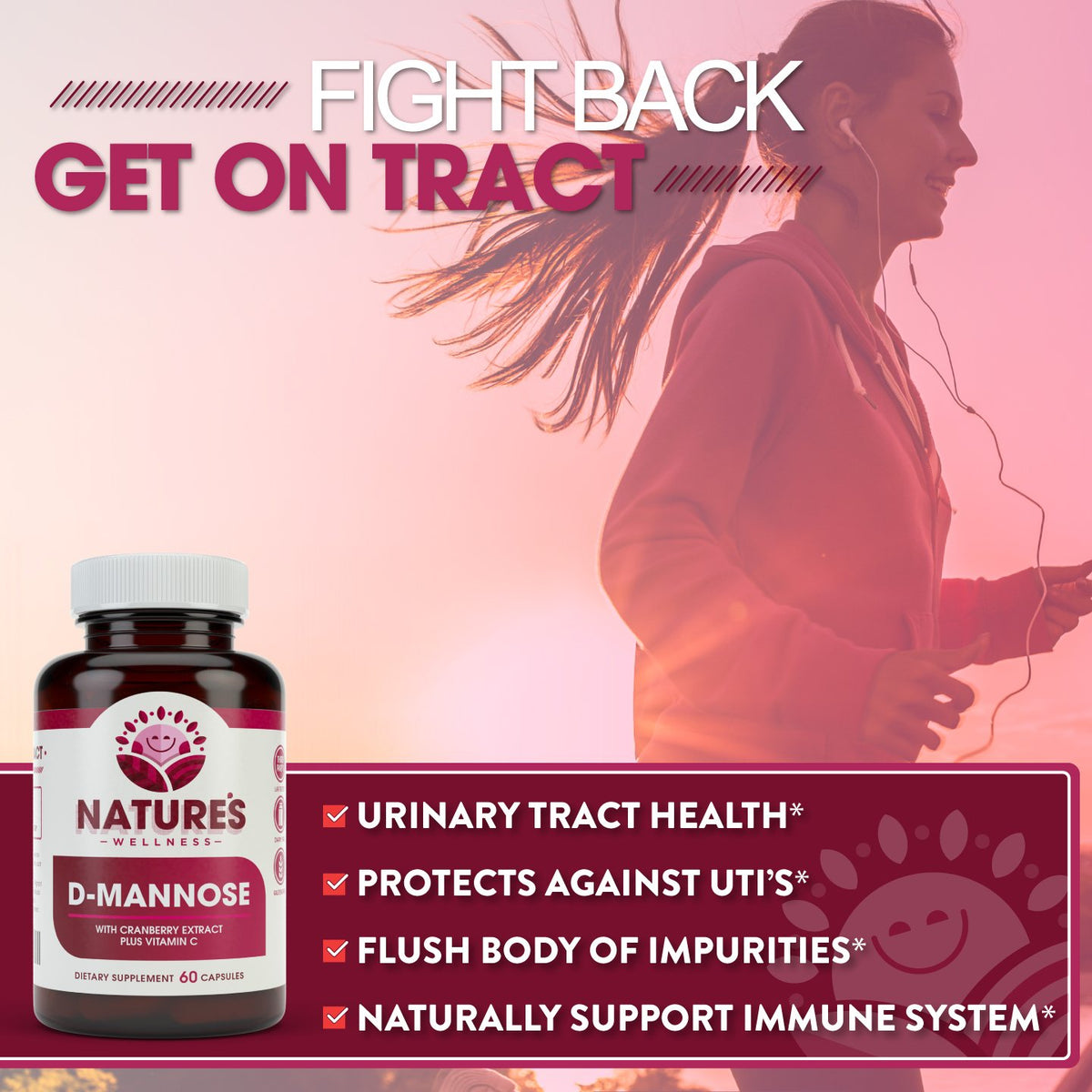 D-Mannose Natures Wellness bouteille ouverte avec capsules visibles