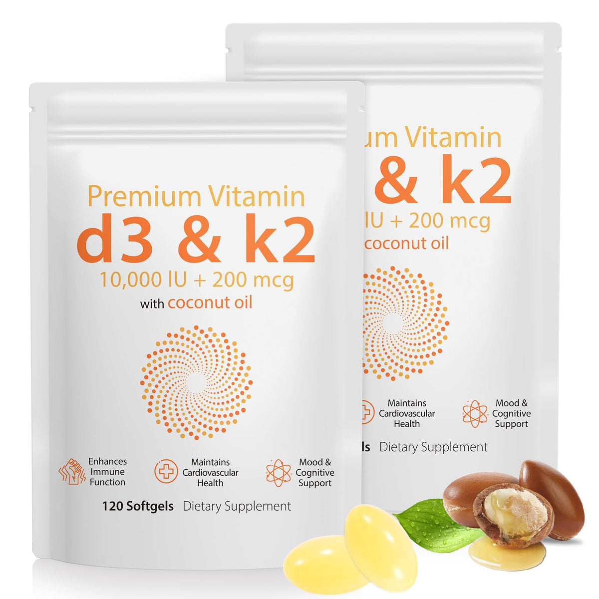 Daiasns D3 K2 10000 IU 240 gélules d'huile de coco, vue de face