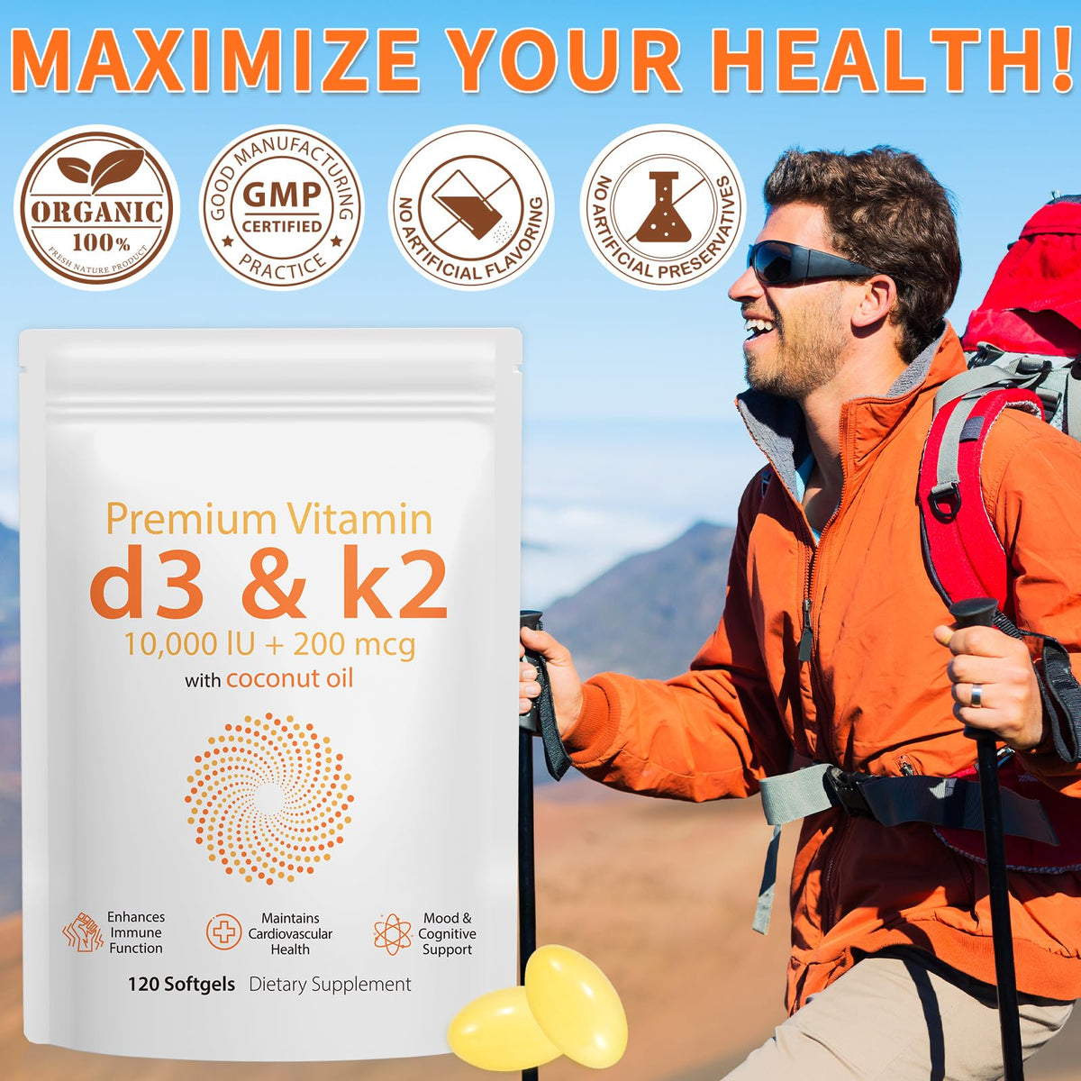 Daiasns D3 K2 10000 IU, gélules d'huile de coco avec des ingrédients