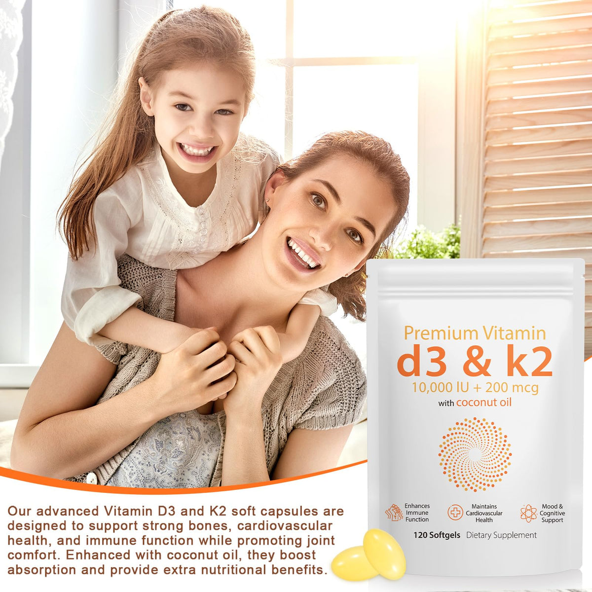 Daiasns D3 K2 10000 IU, gélules d'huile de coco dans un bol