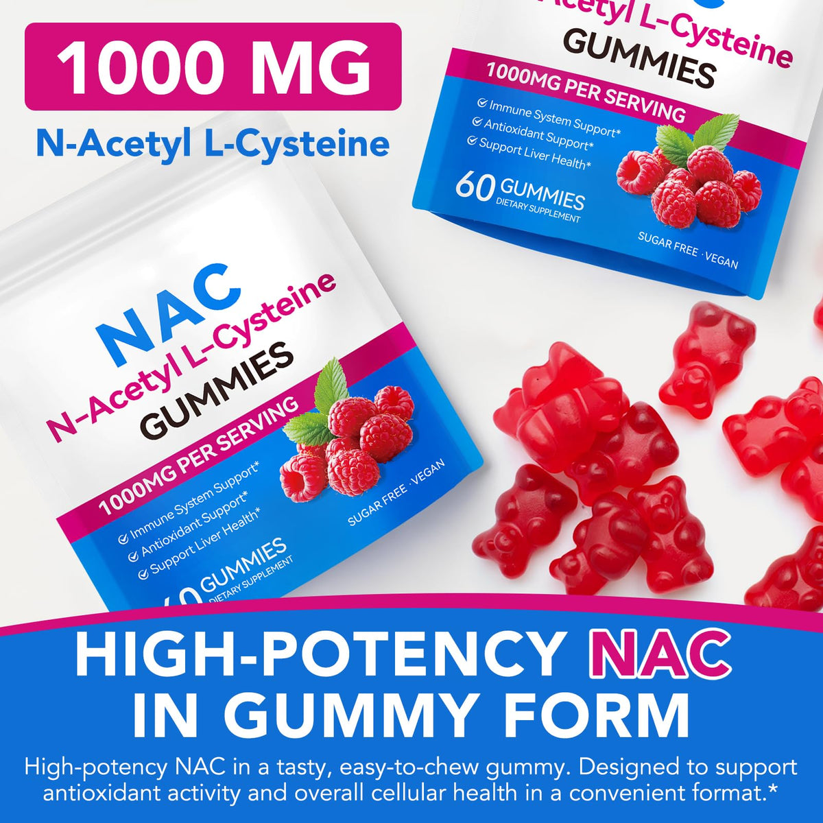Daiasns Gummies NAC 1000mg avec un verre d'eau et des fruits en arrière-plan