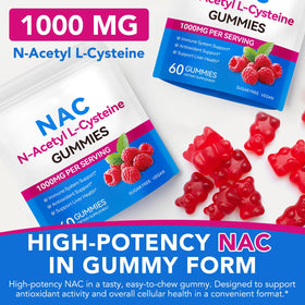 Daiasns Gummies NAC 1000mg avec un verre d'eau et des fruits en arrière-plan
