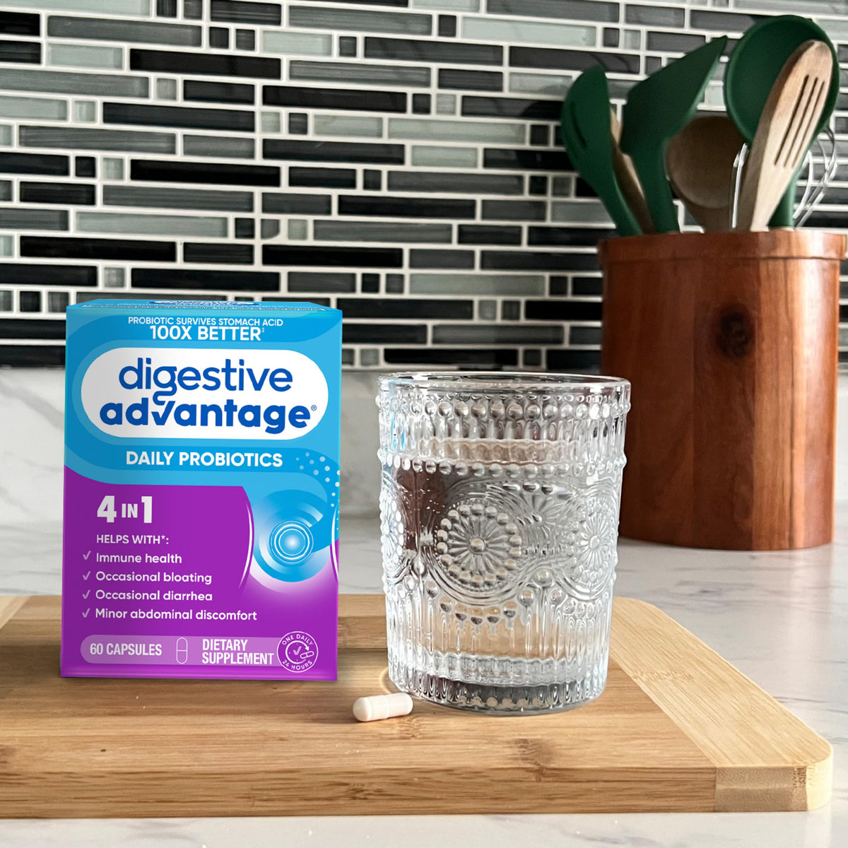 daily Advantage Probiotique sur une surface en bois