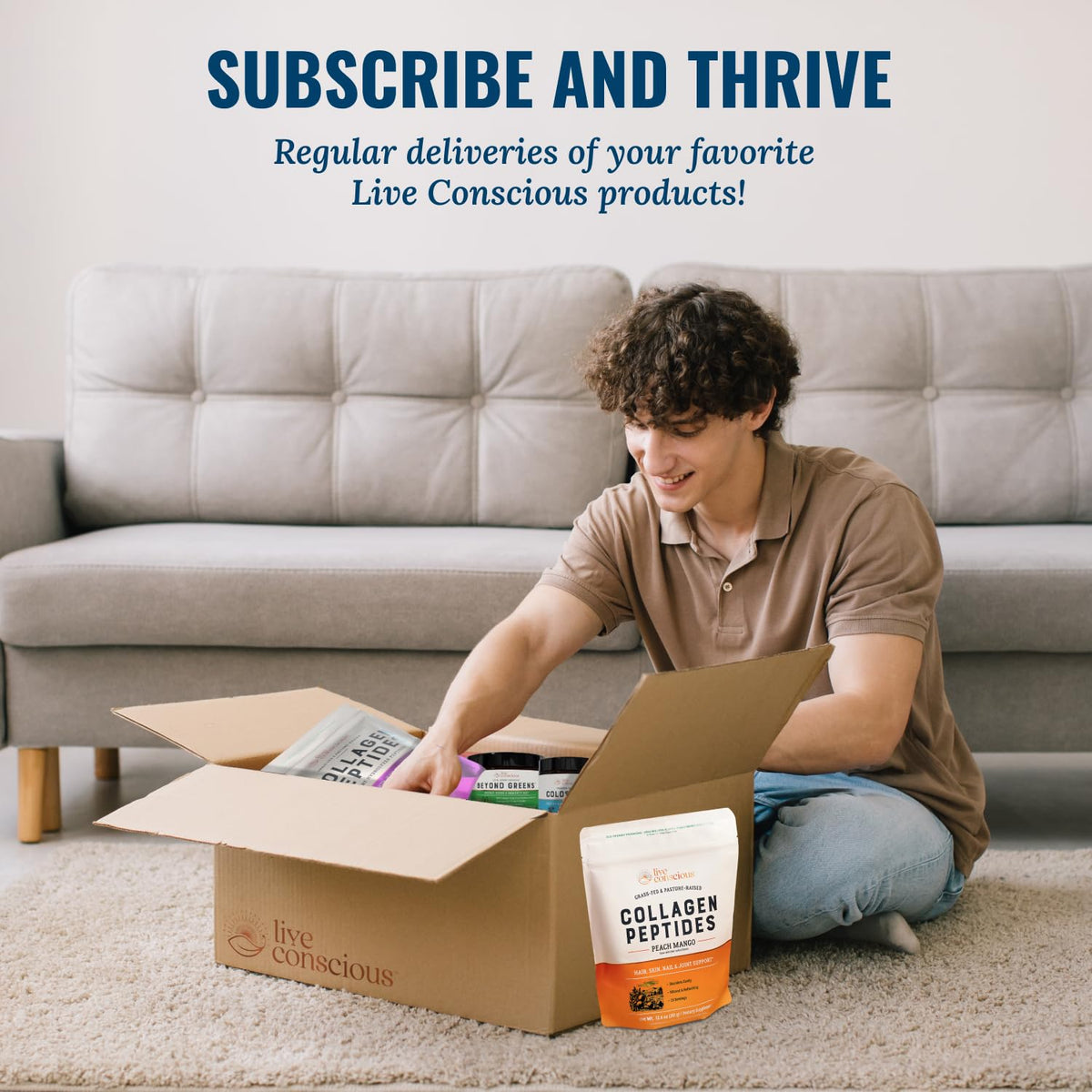 daily Live Conscious avec des ingrédients naturels en arrière-plan